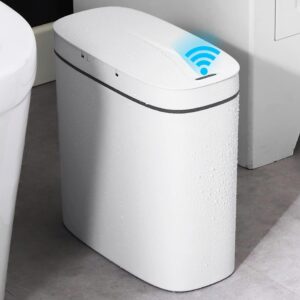 homie automatic, smart trash can 3.2 gallon with touchless motion sensor and anti - bag slip lid, use as mini garbage basket, slim dust bin, or decor in bathroom, restroom, kitchen (shiny white)