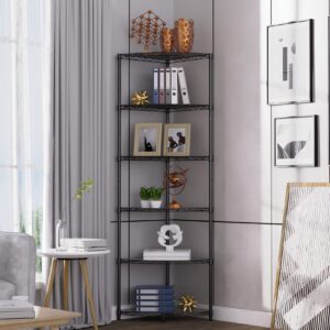 NSF 6-Tier Metal Corner Shelf Wire Shelving Unit - 420 lbs Capacity, Adjustable, with leveling feet & Waterproof Shelf Liners - Ideal for Garage, Kitchen, and More - 72" H x 18" L x 18" D - Black