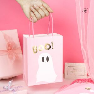 WRAPAHOLIC 12 Pack 7" Small Halloween Kraft Paper Gift Bags - Pink Ghost Boo Design for Hallowen, Holiday, Party Gift Wrap