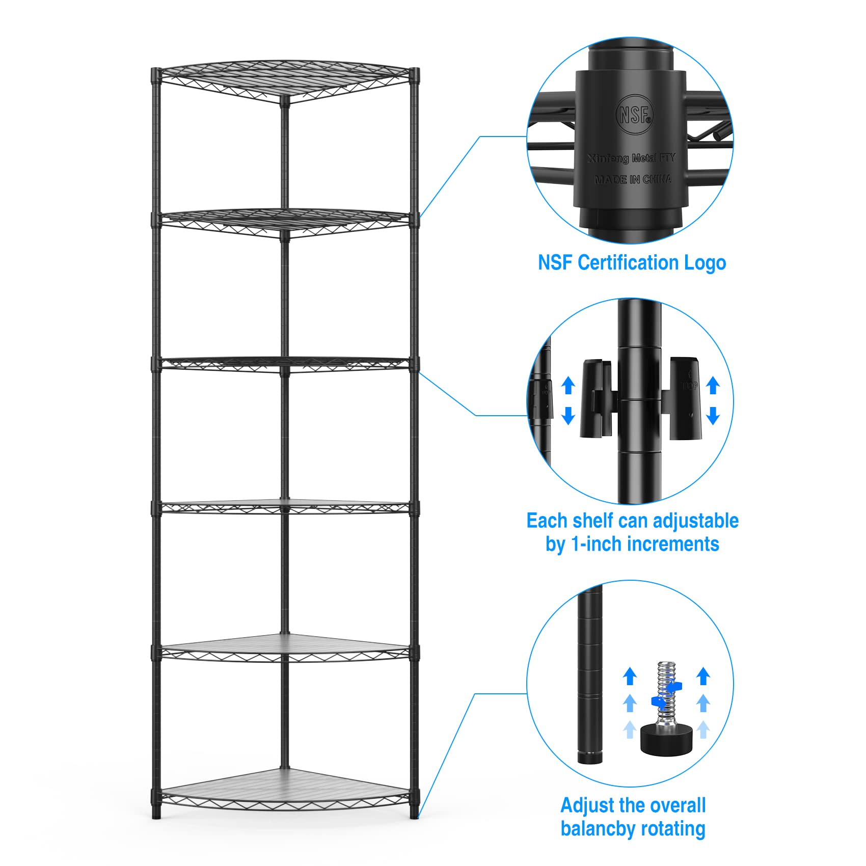 NSF 6-Tier Metal Corner Shelf Wire Shelving Unit - 420 lbs Capacity, Adjustable, with leveling feet & Waterproof Shelf Liners - Ideal for Garage, Kitchen, and More - 72" H x 18" L x 18" D - Black