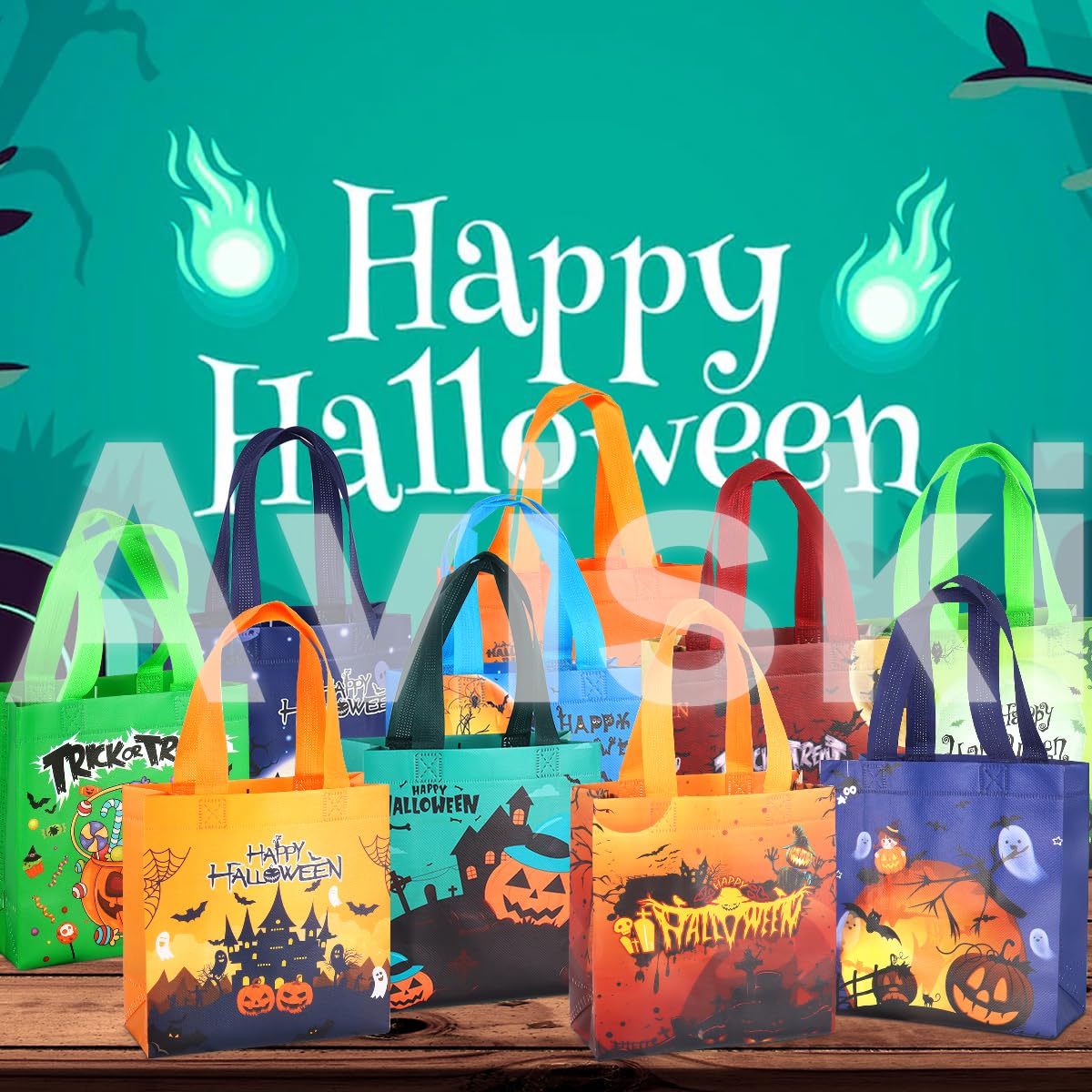 Aviski 20PCS Halloween Trick or Treat Bags, Small Halloween Tote Bags with Handles, Gift Bags, Multifunctional Non-Woven Halloween Bags for Gifts Wrapping, Halloween Party Supplies