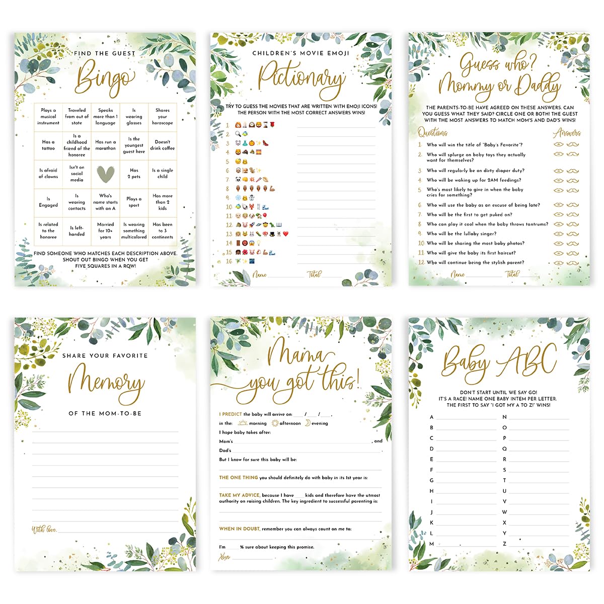 Greenery Baby Shower Games for 50 Guests, 6 Games Double-Sided Cards, Gender Neutral for Boys or Girls