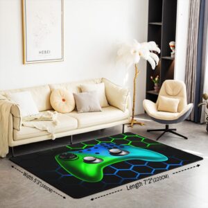 Gamer Area Rug 3'x5' Gaming Honeycomb Blue Green Rugs Mat for Living Room Bedroom Game Room Decor Grey Decor Gamepad Carpet Non Slip Modern Game Console Controller Area Runner Rug