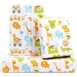 gift wrapping paper for baby boys girls infant kids, 6 sheets forest animals lion giraffe elephant monkey crocodile wrapping paper sheet, 20 x 30 inch gift paper for baby shower birthday kindergarten