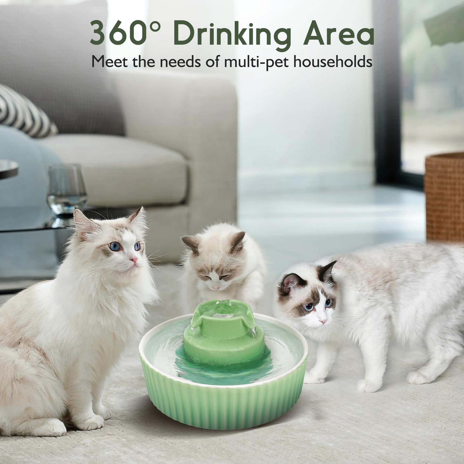 Lawfery Ceramic Cat Water Fountain, 2.1L/71oz Cat Fountain with 3 Carbon Filters and 2 Water Pumps, Cupcake Pet Water Fountain for Cats and Dogs (Green)