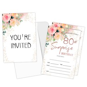 zodvery surprise 80th birthday party invitations cards - 80 years old rose floral pink theme party supplies for adult, woman or man - 20 fill in birthday party invitations and 20 envelopes set/66