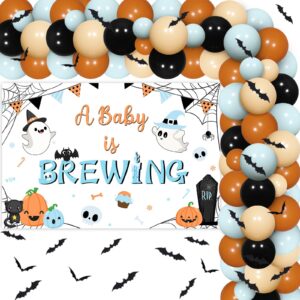 halloween baby shower decorations for boys - a baby is brewing backdrop, blue and orange black bat balloons garland arch kit