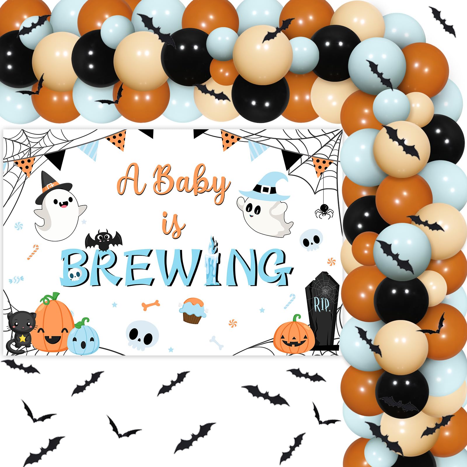 Halloween Baby Shower Decorations for Boys - A Baby is Brewing Backdrop, Blue and Orange Black Bat Balloons Garland Arch Kit