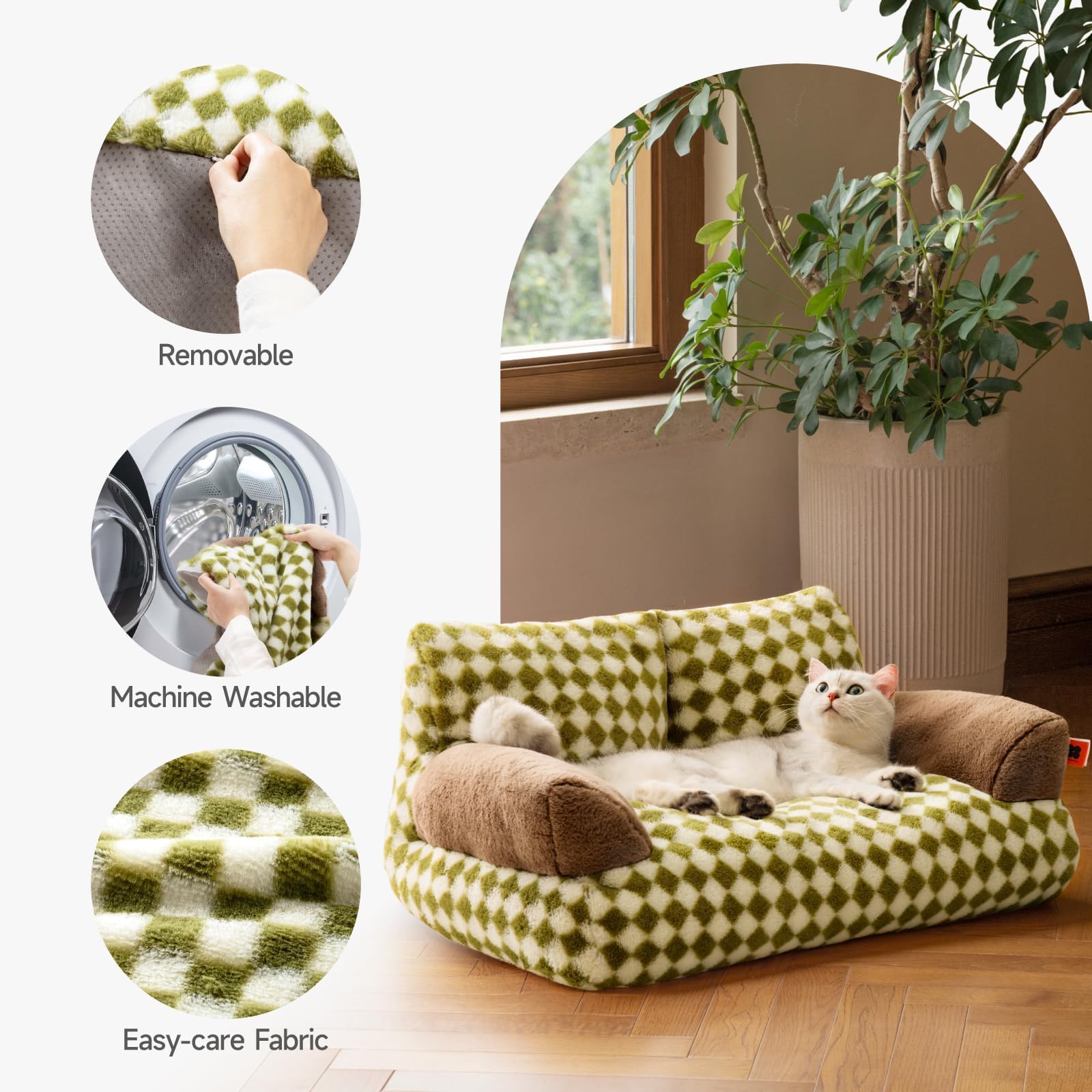 MEWOOFUN Pet Couch Bed, Washable Cat Beds for Medium Small Dogs & Cats up to 25 lbs, Dog Beds with Non-Slip Bottom, Fluffy Cat Couch, 26×19×13 Inch (Green)