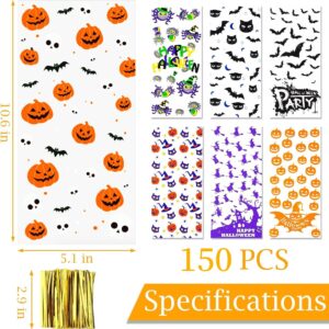 FUSHENMU 150pcs Halloween Cellophane Treat Bags Spider Bat Treat Candy Bags with Twist Ties Goodie Bags for Halloween Trick or Treat Party Favor Supply