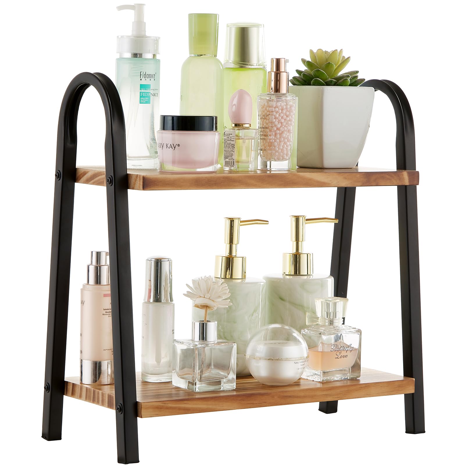 Goporcelain Bathroom Organizer, 2 Tier Wood Shelf, Countertop Organizer for Skincare, Kitchen Sink