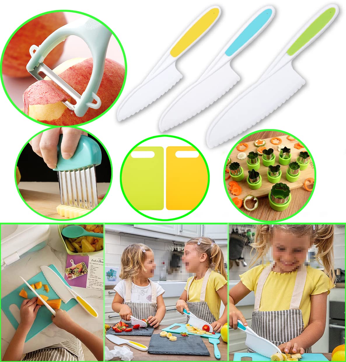 Yuanwovv 13Pcs Montessori Kitchen Tools for Toddlers，Safe Knives Cooking Set, Kids Knives for Real Cooking Toddler Knife Set，with Plastic Toddler Safe Knives Crinkle Cutter Kids Cutting Board.