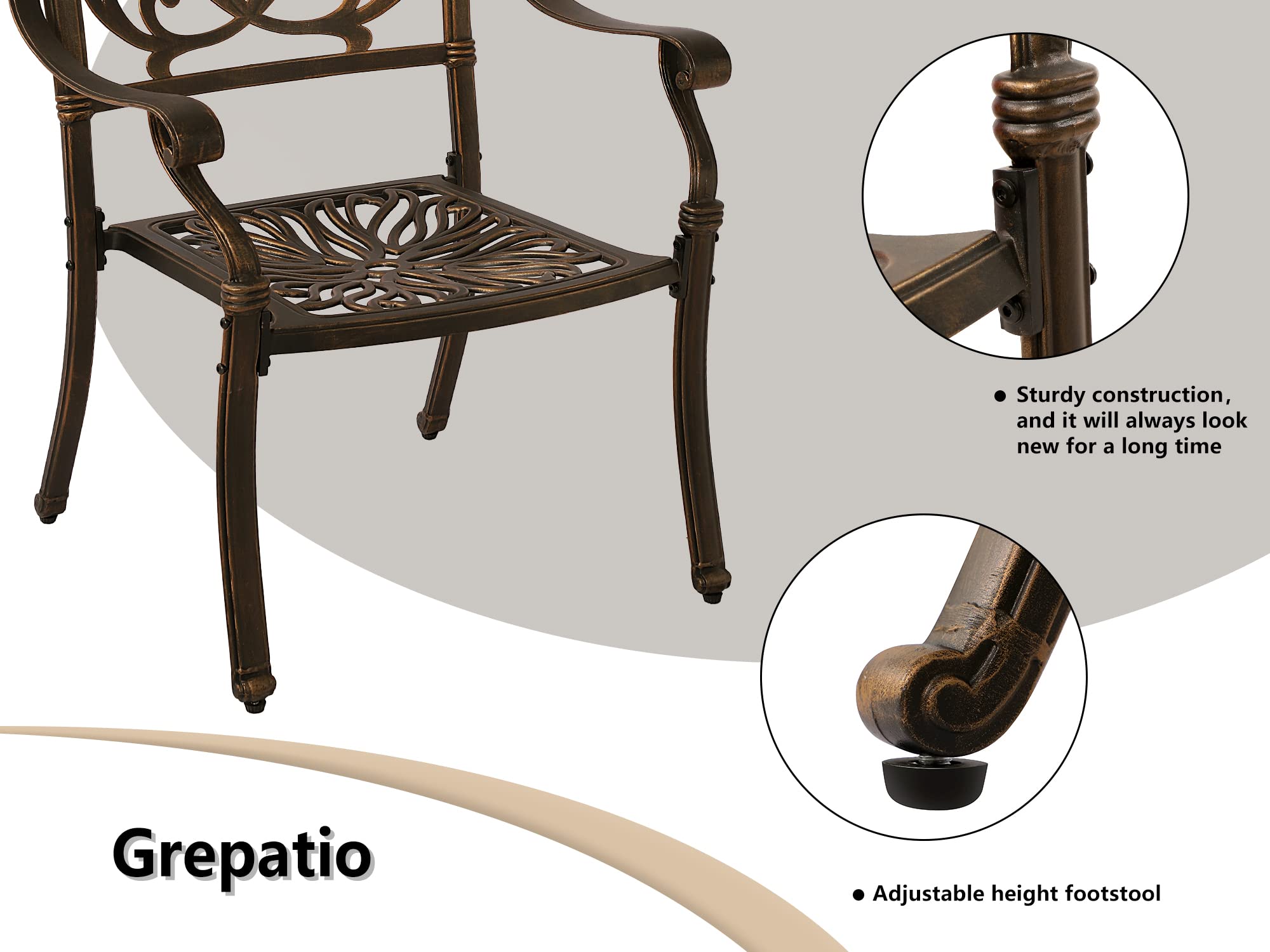 TITIMO 5-Piece Cast Aluminum Outdoor Patio Dining Set, 4 Pattern Chairs and 35.4" Round Table,Cast Aluminum Conversation Set with 2.2” Umbrella Hole (Without Cushions, 1 Round Table + 4 Chairs)