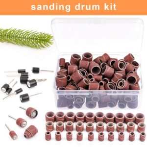 BAGTeck 162 Pieces Sanding Drums Kit Drum Sander for Drill with Storage Box Including 150 Pieces Sanding Band Sleeves and 12 Pieces Drum Mandrels for Rotary Tool- 120 Grit