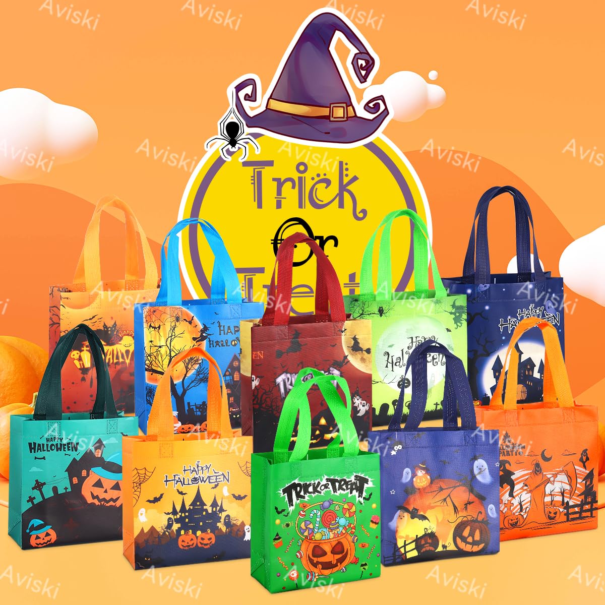 Aviski 20PCS Halloween Trick or Treat Bags, Small Halloween Tote Bags with Handles, Gift Bags, Multifunctional Non-Woven Halloween Bags for Gifts Wrapping, Halloween Party Supplies