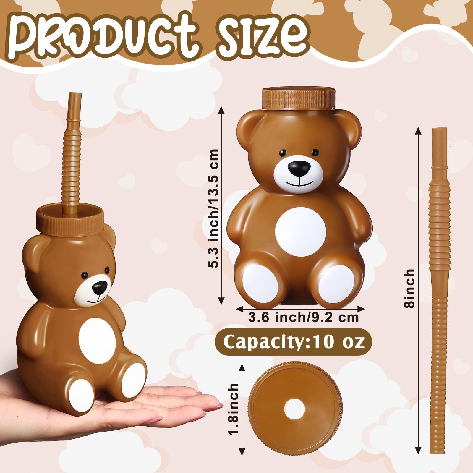 Maxdot 12 Pieces Baby Shower Birthday Party Favor Gift Supplies Bear Cups with Straws,10 oz Plastic Bear Shape Cup Reusable Creative Cups Bulk for Baby Shower Birthday Gift Wedding Party Favors(Brown)