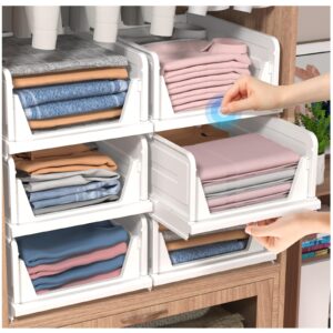 6 pack folding closet organizers storage box, stackable storage bins, plastic drawer basket closet storage for wardrobe cupboard kitchen bathroom office white-6l