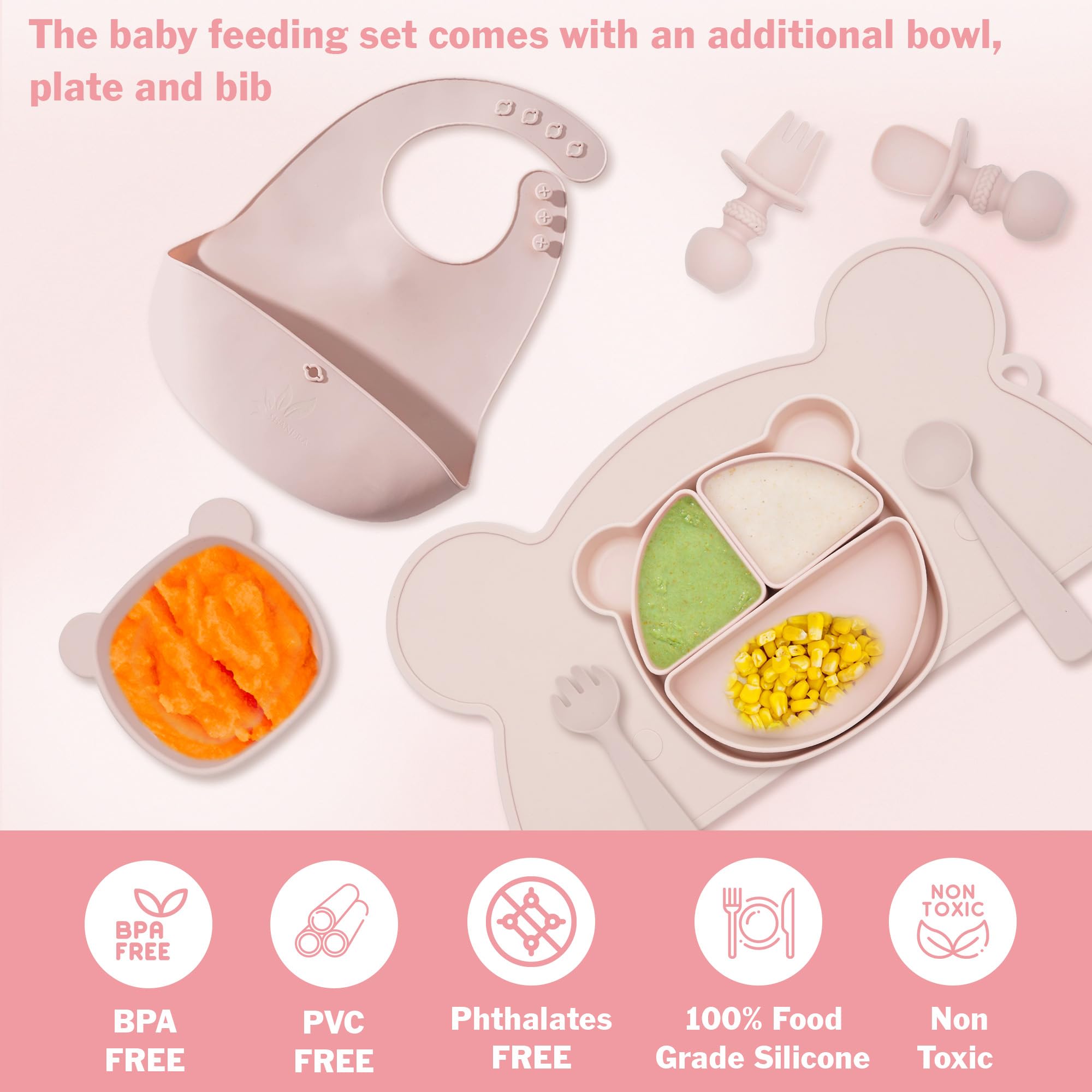 Shandra Silicone Baby Feeding Set (12 pcs) - Baby Led Weaning Supplies - Baby Feeding Accessories - Suction Divided Plate, Plates and Bowls, Sippy Cup Straw & Lid, Bibs, Spoons, Forks (Pink)