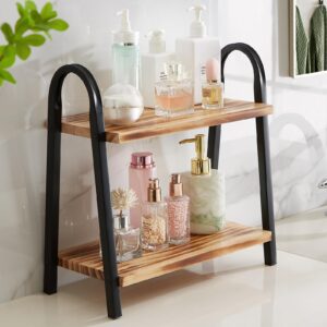 goporcelain bathroom organizer, 2 tier wood shelf, countertop organizer for skincare, kitchen sink