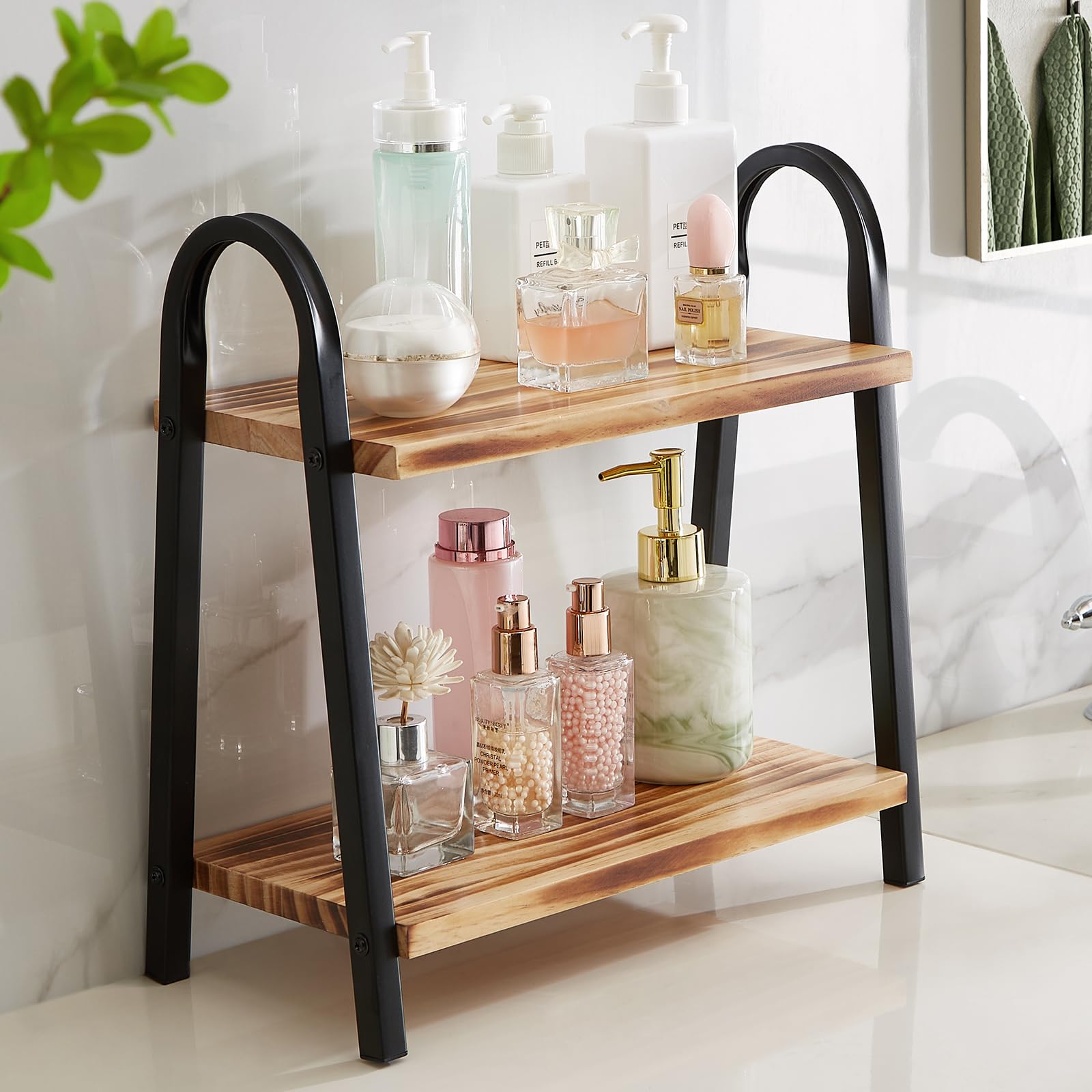 Goporcelain Bathroom Organizer, 2 Tier Wood Shelf, Countertop Organizer for Skincare, Kitchen Sink