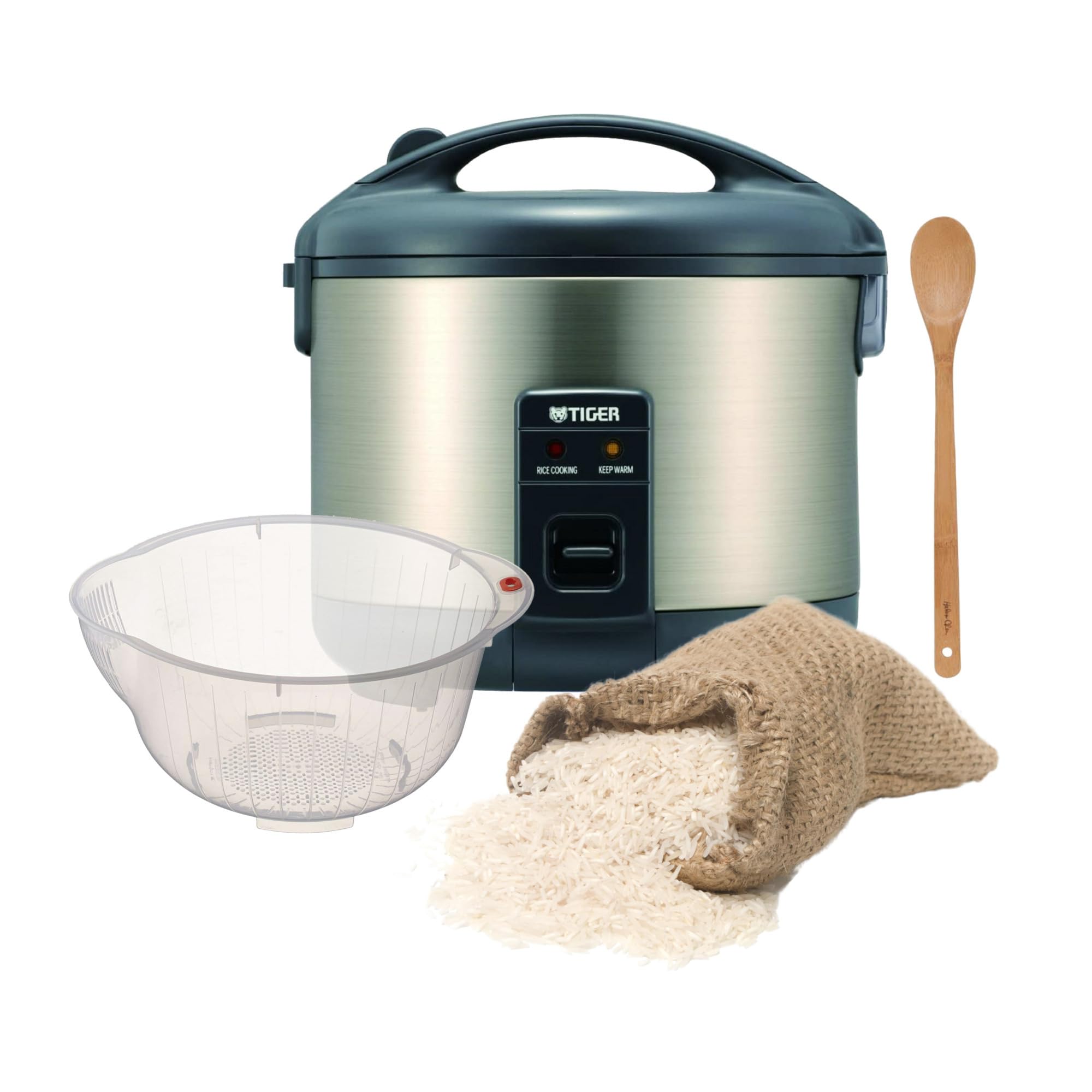 Tiger JNP-S10U 5.5 Cup Capacity White Rice Cooker with Spatula and Measuring Cup Bundle with Rice Washing Bowl and Bamboo Spoon (3 Items)