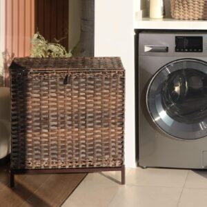 KUREEISE Laundry Hamper with 3 Removable Liner Bags, 132L Handwoven Rattan Laundry Basket with Metal Heightened Feet, Clothes Hamper with 6 Mesh Bags, Laundry sortor with 3 Sections（Brown）