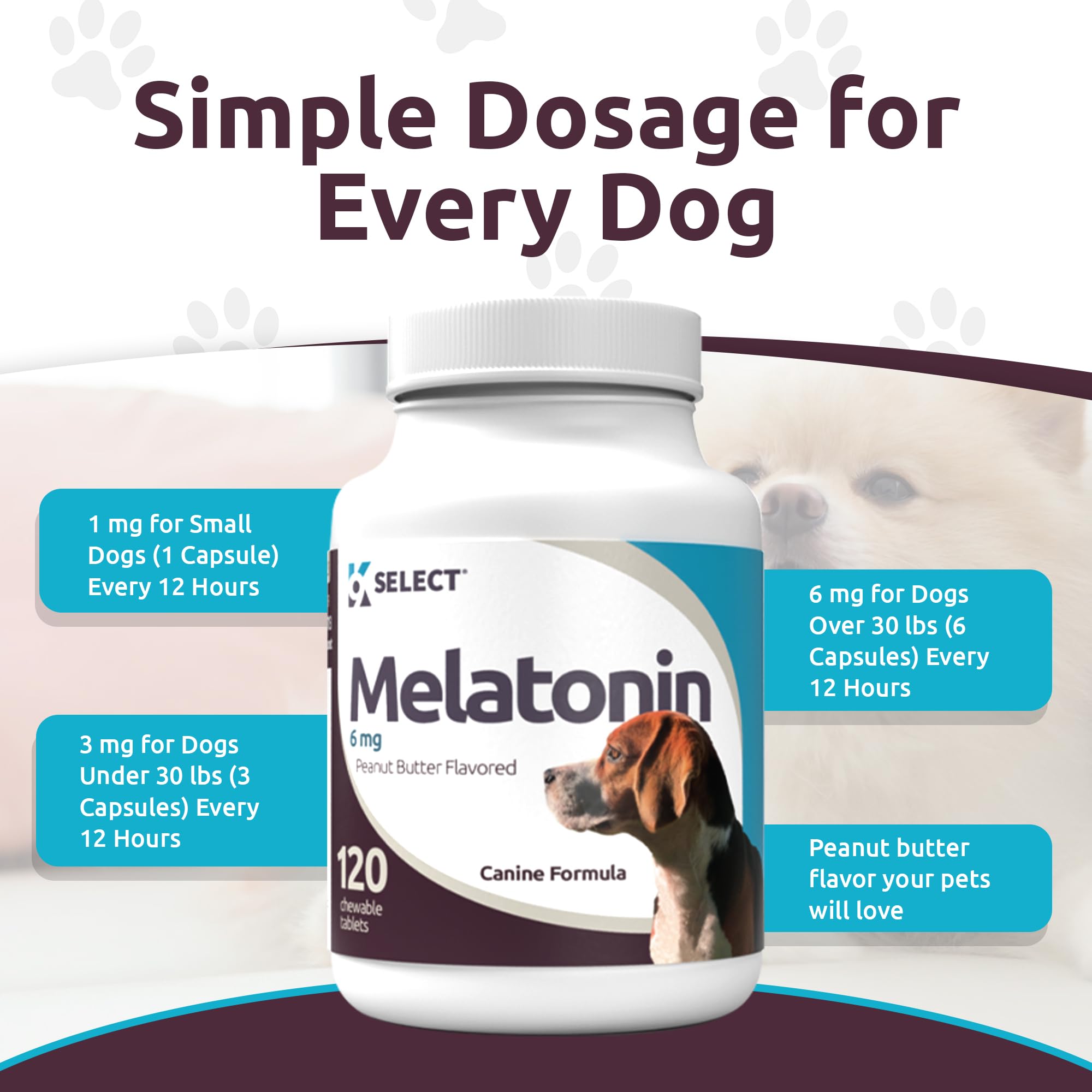 K9 Select Melatonin for Dogs - Calming Chews - Dog Melatonin for Sleep - Reduce Stress, Helps Composure Calming Treats for Large Dogs - 6 mg, 120 Peanut Butter Flavored Chewable Tablets