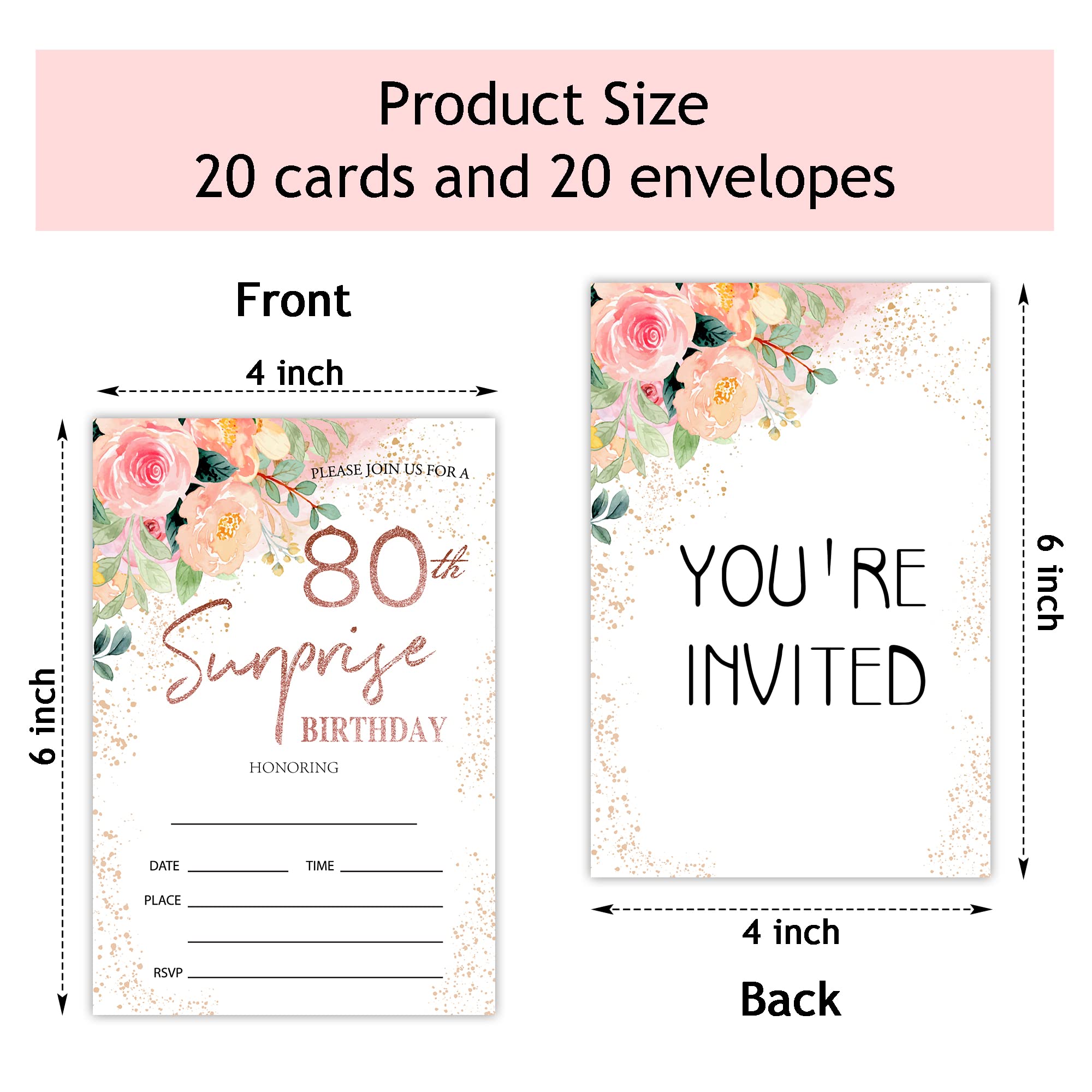 Zodvery Surprise 80th Birthday Party Invitations Cards - 80 Years old Rose Floral Pink Theme Party Supplies for Adult, Woman or Man - 20 Fill in Birthday Party Invitations and 20 Envelopes set/66