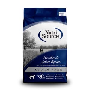 nutrisource woodland select grain free dry dog food, boar, turkey and menhaden fish meal, 26lb