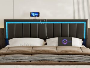 ikifly king size led headboard with 2 usb ports, adjustable height - modern faux leather headboard with changing led lights - easy assembly, upholstered king headboard only for bedroom - black