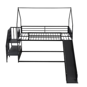 House Bunk Bed Twin Over Twin, Low Bunk Bed with Slide and Storage Stairs, Heavy-Duty Metal Playhouse Bunk Bed Frame for Kids Boys Girls Teens, Black