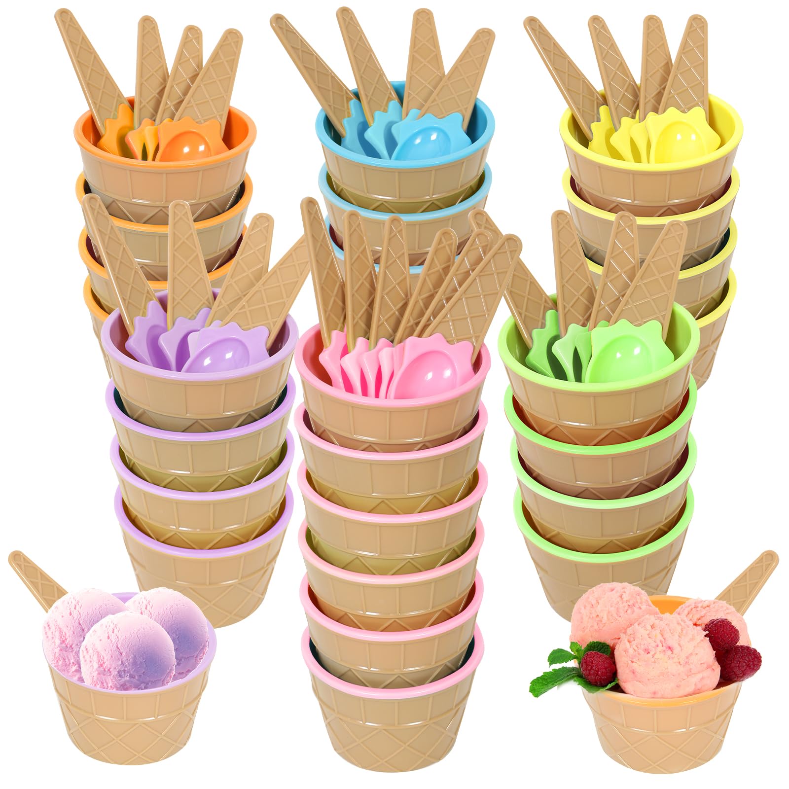 Hbaushun 26 Pack Plastic Ice Cream Bowls with Spoons,Reusable Plastic ice Cream Cups,Cartoon Candy Colorice Cream Bowls Set for Sundae Frozen Yogurt Summer Holiday Parties