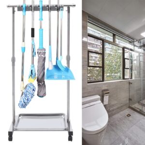 Wet Mops Rack Movable Broom Holder, Movable Closet Storage Cabinet Mop Rack with 5 Slots 6-Hook, Floor Standing Cleaning Tool Rack for Garden Garage Schools Hotels Hospitals Property Companies