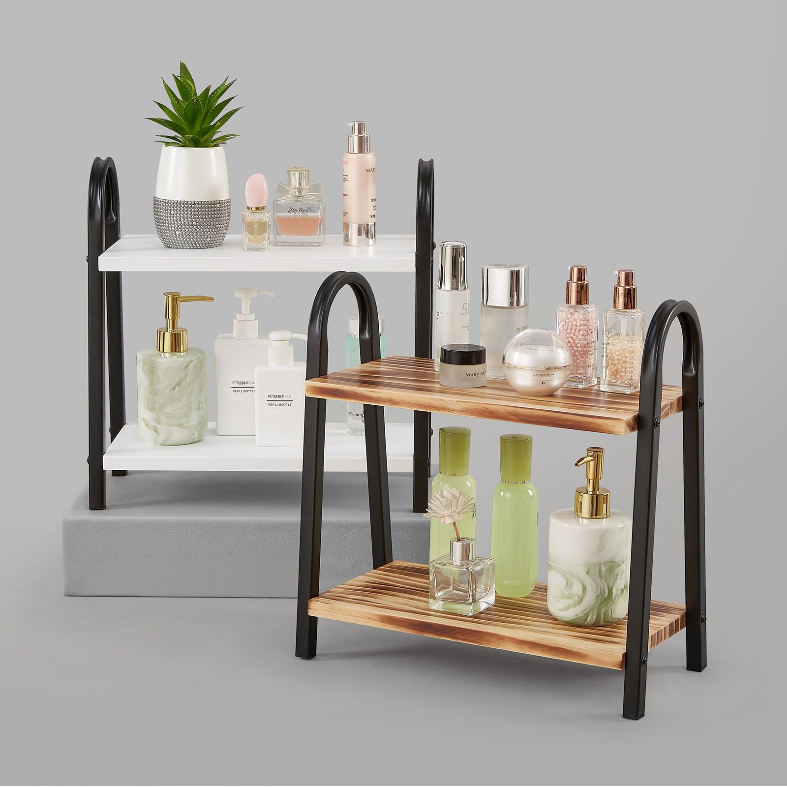 Goporcelain Bathroom Organizer, 2 Tier Wood Shelf, Countertop Organizer for Skincare, Kitchen Sink