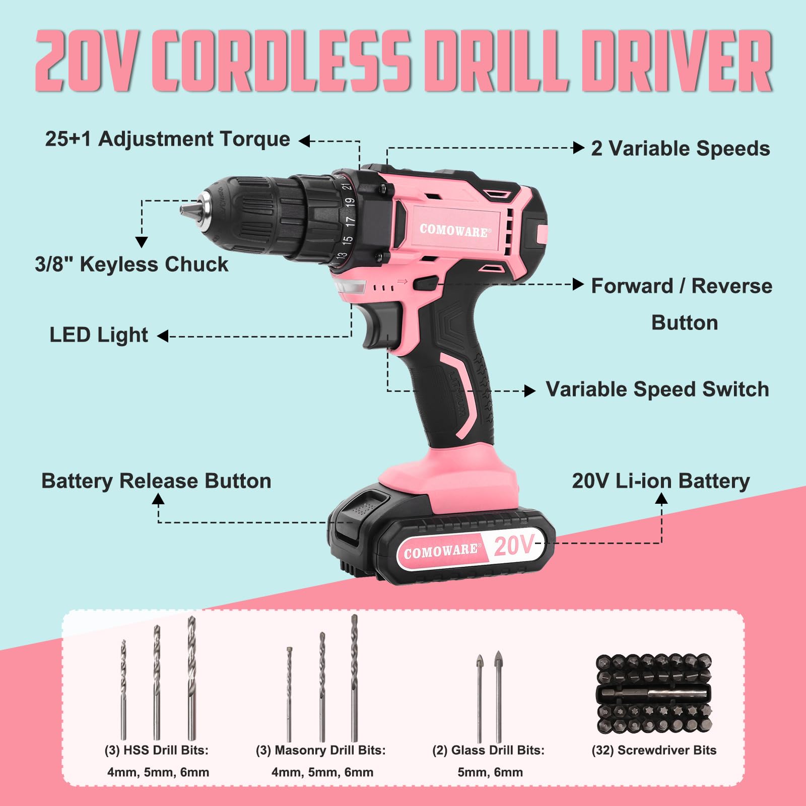 COMOWARE 171Pcs Home Tool Kit with Drill, Pink Drill Set for Women, Lady's Home Repairing Tool Kit with 20V Power Drill, with a Large-Capacity Tool Storage Bag