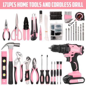 COMOWARE 171Pcs Home Tool Kit with Drill, Pink Drill Set for Women, Lady's Home Repairing Tool Kit with 20V Power Drill, with a Large-Capacity Tool Storage Bag