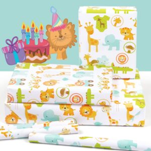 Gift Wrapping Paper for Baby Boys Girls Infant Kids, 6 Sheets Forest Animals Lion Giraffe Elephant Monkey Crocodile Wrapping Paper Sheet, 20 x 30 Inch Gift Paper for Baby Shower Birthday Kindergarten