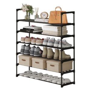 Calmootey 6-Tier Shoe Rack, Tall Large Capacity 30 Pairs Shoes Storage Organizer, Stackable Wide Shoe Shelf for Entryway, Hallway, Black