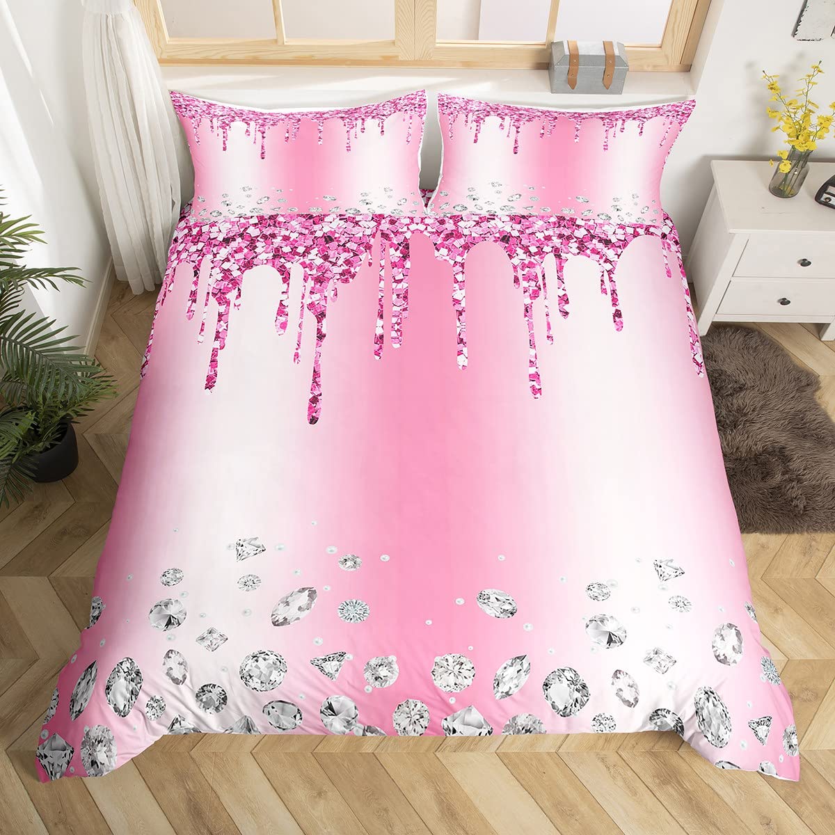 Castle Fairy Girls Geometric Diamond Bedding Set,Pink Glitter Duvet Cover for Teens,Kids Bling Party Comforter Cover Decorative Room,Children Silver Abstract Quilt Cover with 2 Pillowcases,Full Size