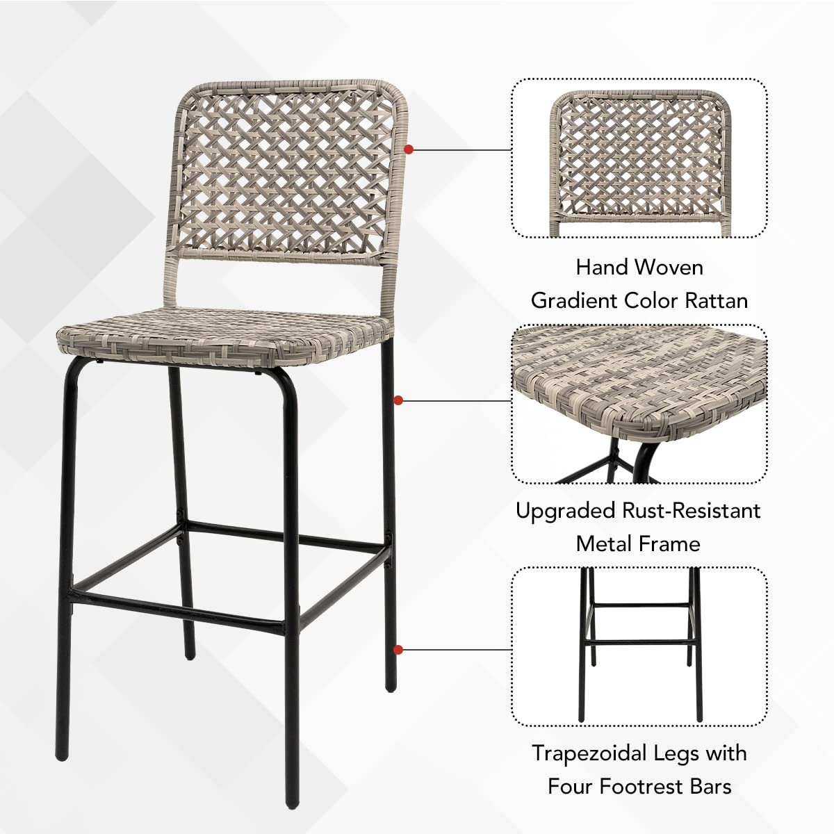 Sundale Outdoor Patio Bar Stools Set of 2, Hand Woven PE Rattan Hollow Back Armless Barstools for Deck Yard Porch, All-Weather Gradient Grey Wicker Outside Tall Chair Set