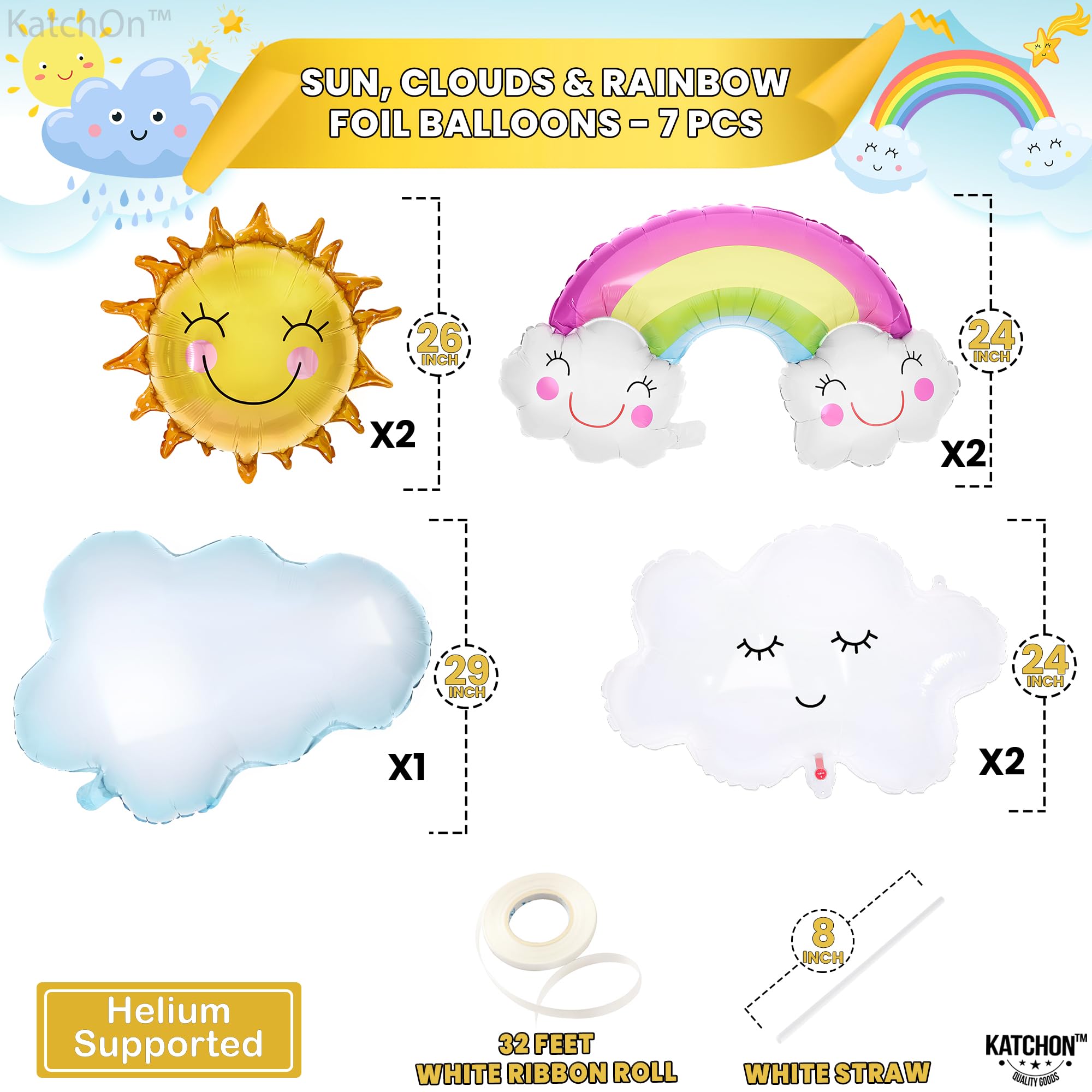 KatchOn, Rainbow 31-inch Balloon Set - Pack of 7, Includes Sun & Cloud Mylar Balloons for Canticos Birthday Decorations