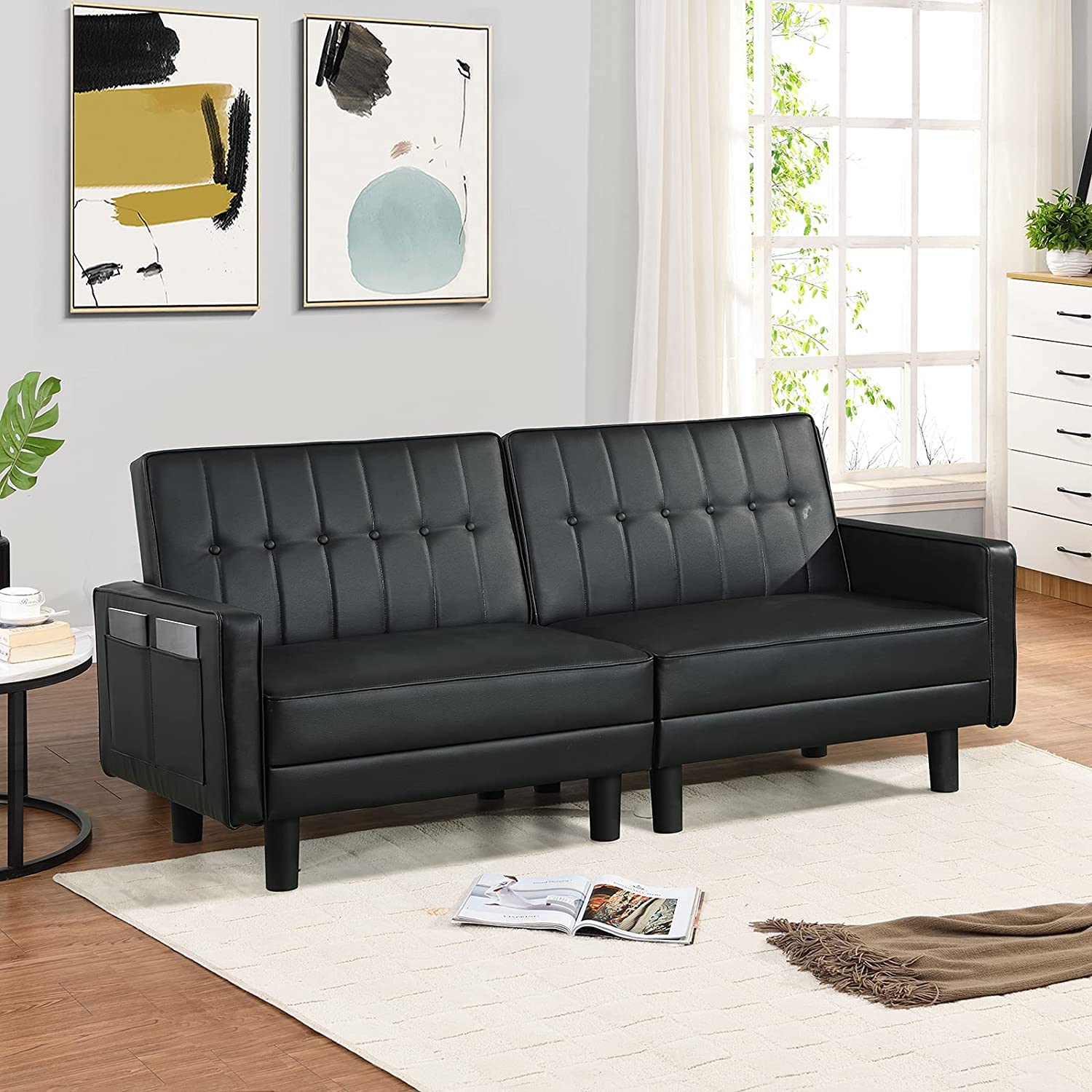 SAMERY Futon Sofa Bed Couch and Sleeper Sofas for Living Room, Faux Leather Convertible Folding Sofa Bed Couch and Loveseat for Small Space with Side Pockets Armrest and Sturdy Legs (Black)