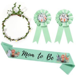 xinnun 4 pieces safari jungle mom to be sash, jungle animals baby shower sash mom to be corsage with leaf crown dad to be corsage set safari theme baby shower party favors for gender reveal