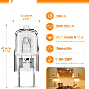 Flaspar G8 Halogen Light Bulbs, 20W G8 Bi-Pin Base Halogen Bulb, 120V Dimmable T4 JCD Type G8 Base for Microwave Hood Light Bulb, Warm White Under Cabinet Puck Lights Replacements, Xenon Bulb, 6 Pack