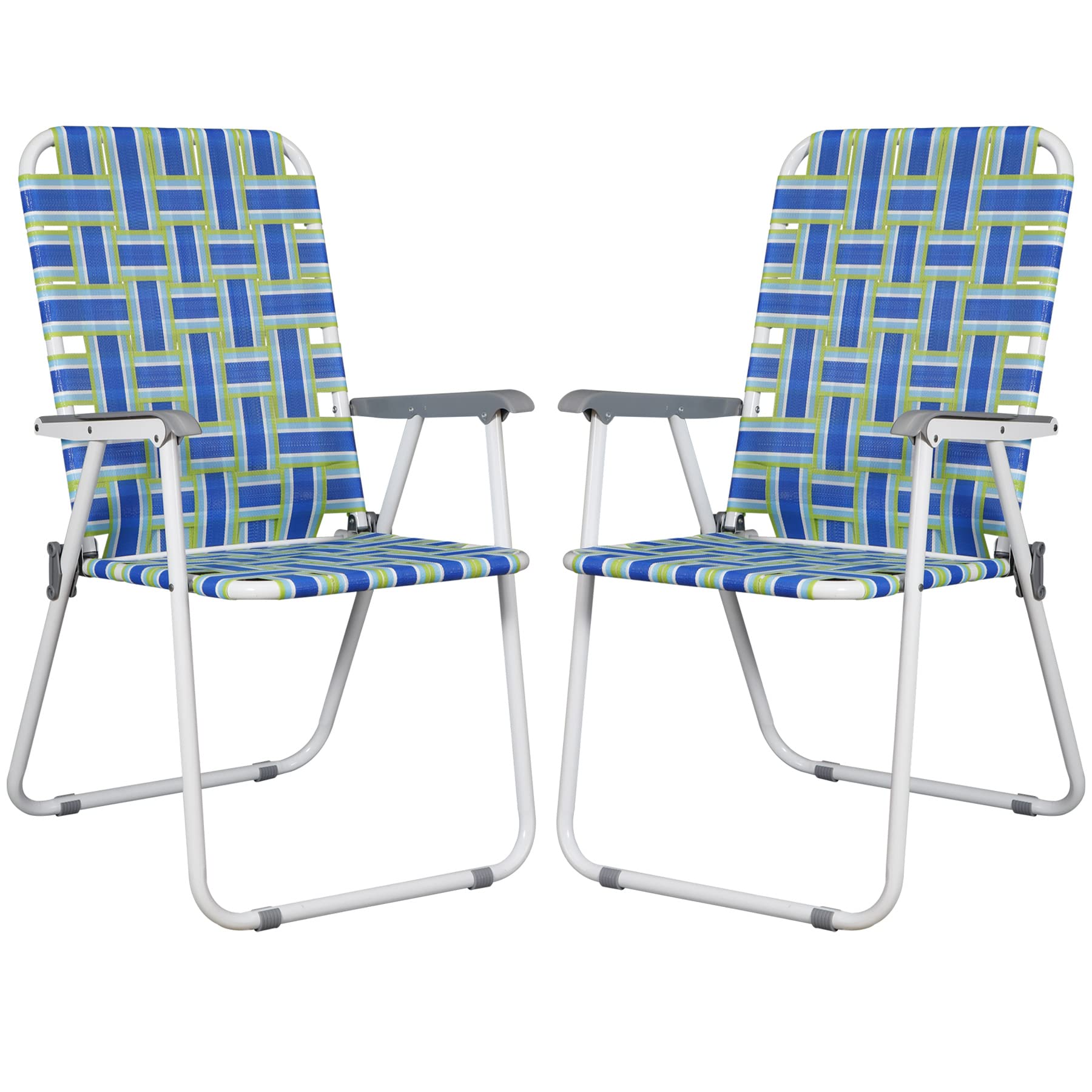 F2C Patio Lawn Chairs Folding Set of 2, Metal Webbed Folding Chair Outdoor Beach Chair Portable Camping Chair for BBQ, Fishing,Yard, Garden(Blue)