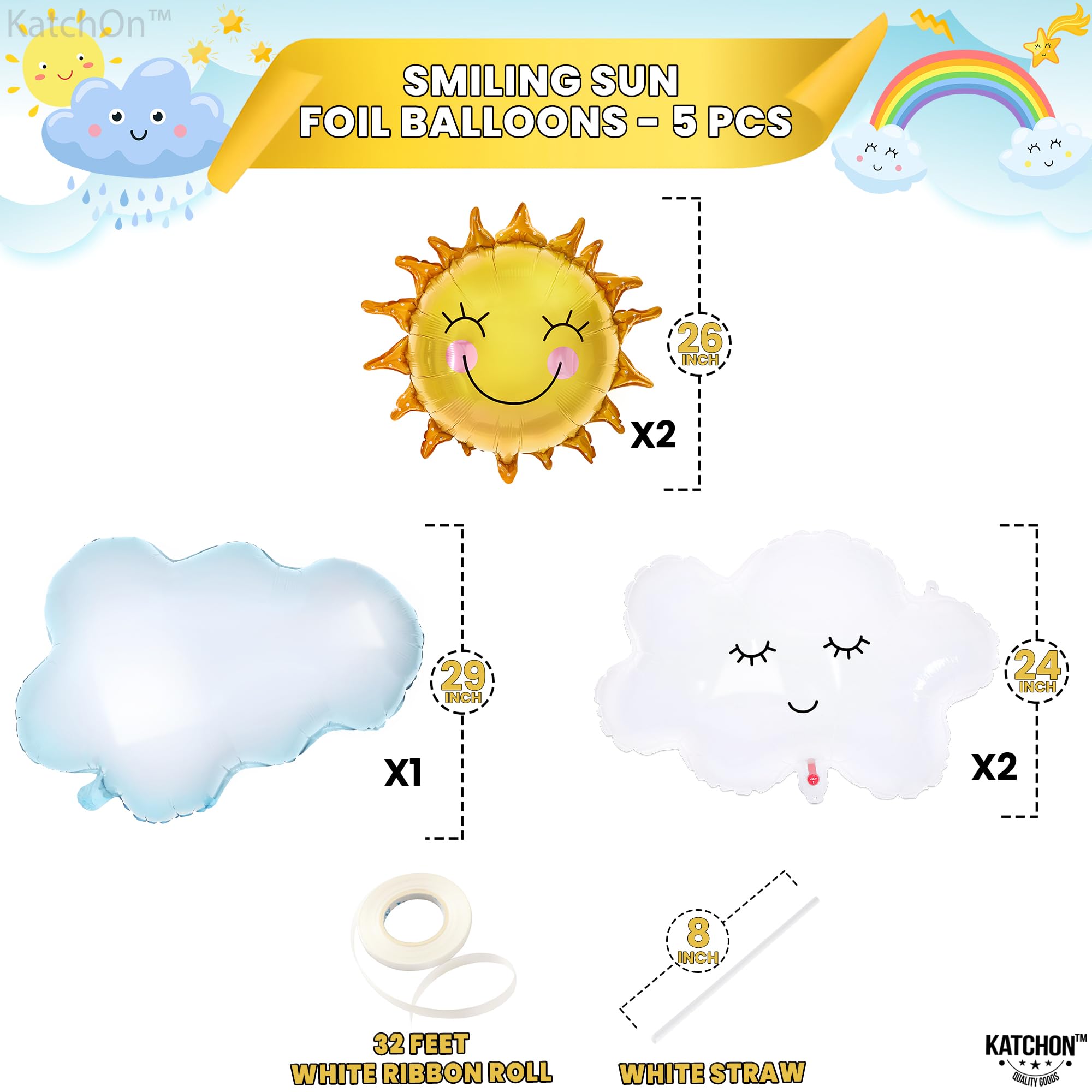 KatchOn, Big Sun and Cloud Balloons Set - 29 Inch, Pack of 5 | Foil Sun Balloons, Sunshine Party Decorations | Sunshine Baby Shower Decorations | Boho Sunshine Balloons for Summer Party Decorations