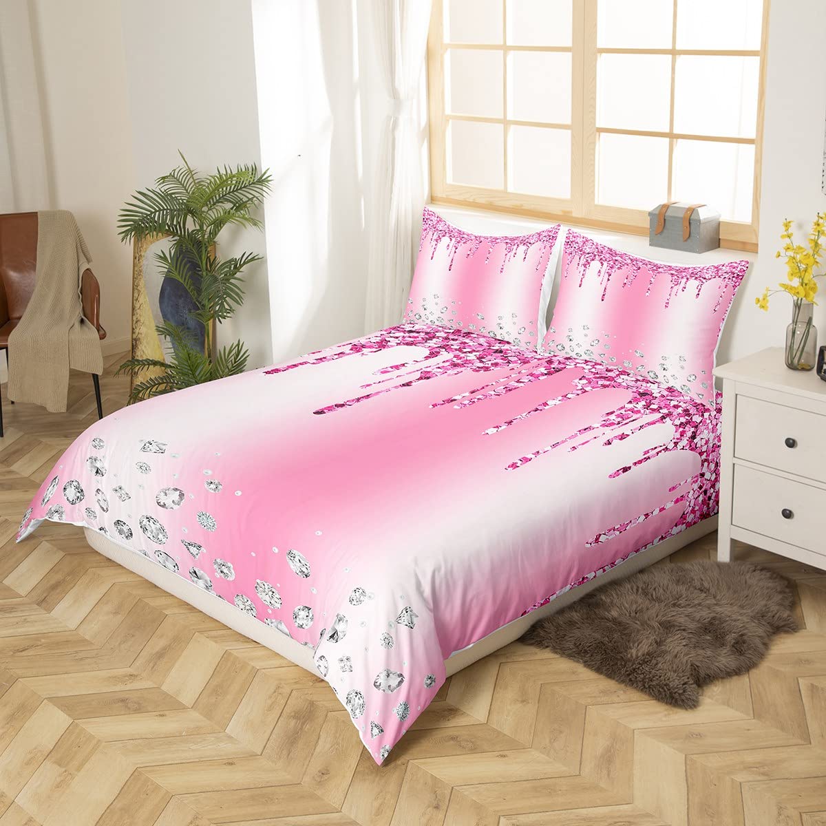 Castle Fairy Girls Geometric Diamond Bedding Set,Pink Glitter Duvet Cover for Teens,Kids Bling Party Comforter Cover Decorative Room,Children Silver Abstract Quilt Cover with 2 Pillowcases,Full Size