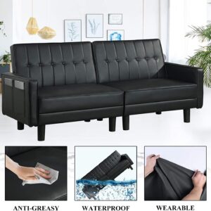 SAMERY Futon Sofa Bed Couch and Sleeper Sofas for Living Room, Faux Leather Convertible Folding Sofa Bed Couch and Loveseat for Small Space with Side Pockets Armrest and Sturdy Legs (Black)