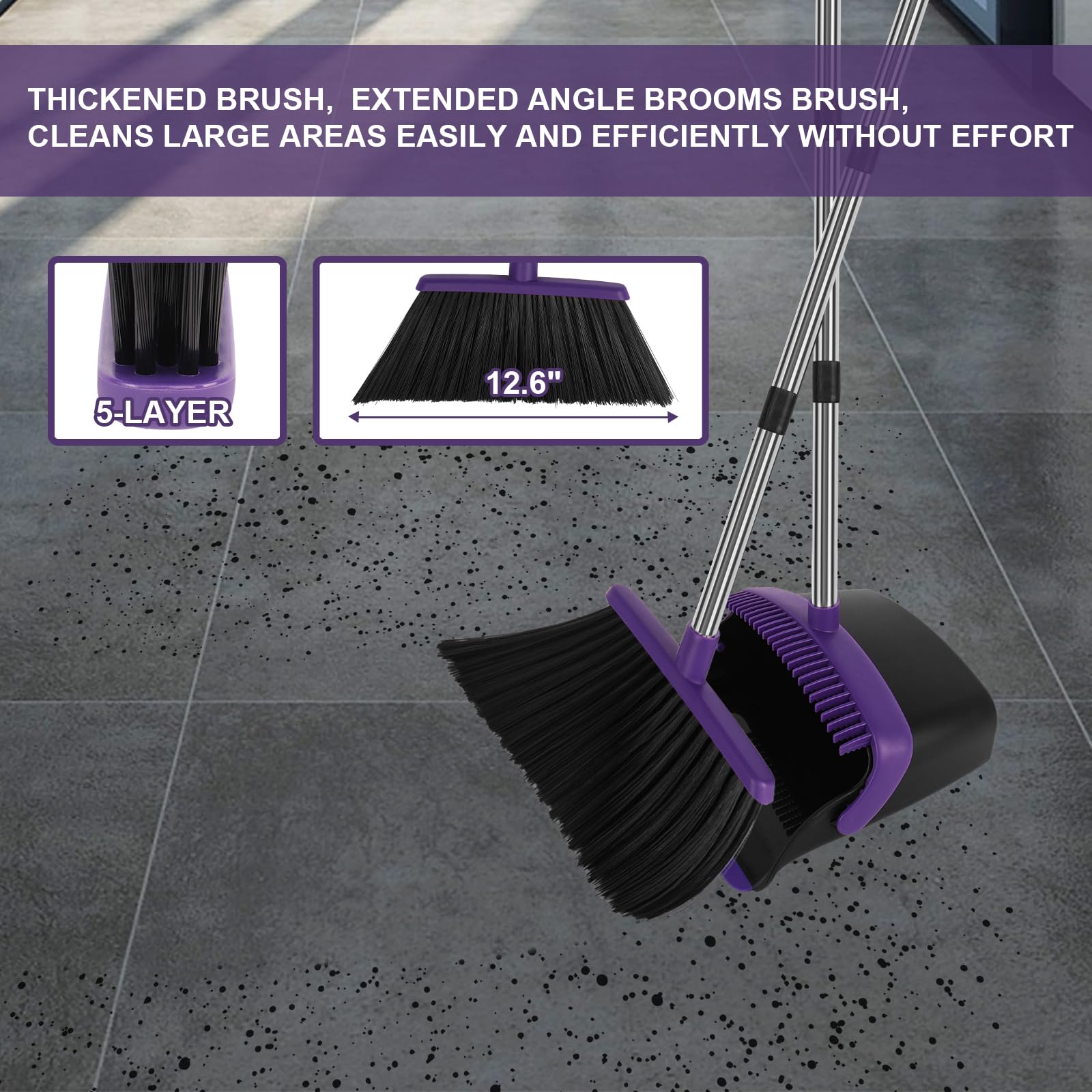 Large Broom and Dustpan Set, Purple Broom with Dustpan Combo Set, 55" Long Handle Broom, Self Cleaning Dustpan, Ideal for Home and Dog Cat Pets