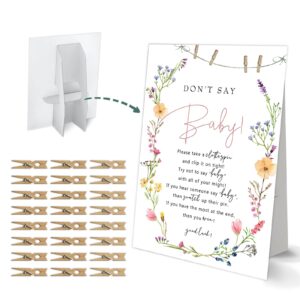 don't say baby clothespin game, boho wildflowers baby shower game, one 8x11 sign and 50 mini natural clothespins, gender neutral, baby shower decoration - mjz29